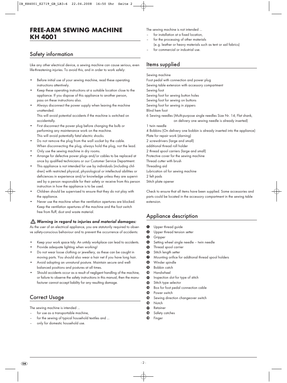 Free-arm sewing machine kh 4001, Safety information, Correct usage | Items supplied, Appliance description | Kompernass KH 4001 User Manual | Page 4 / 20