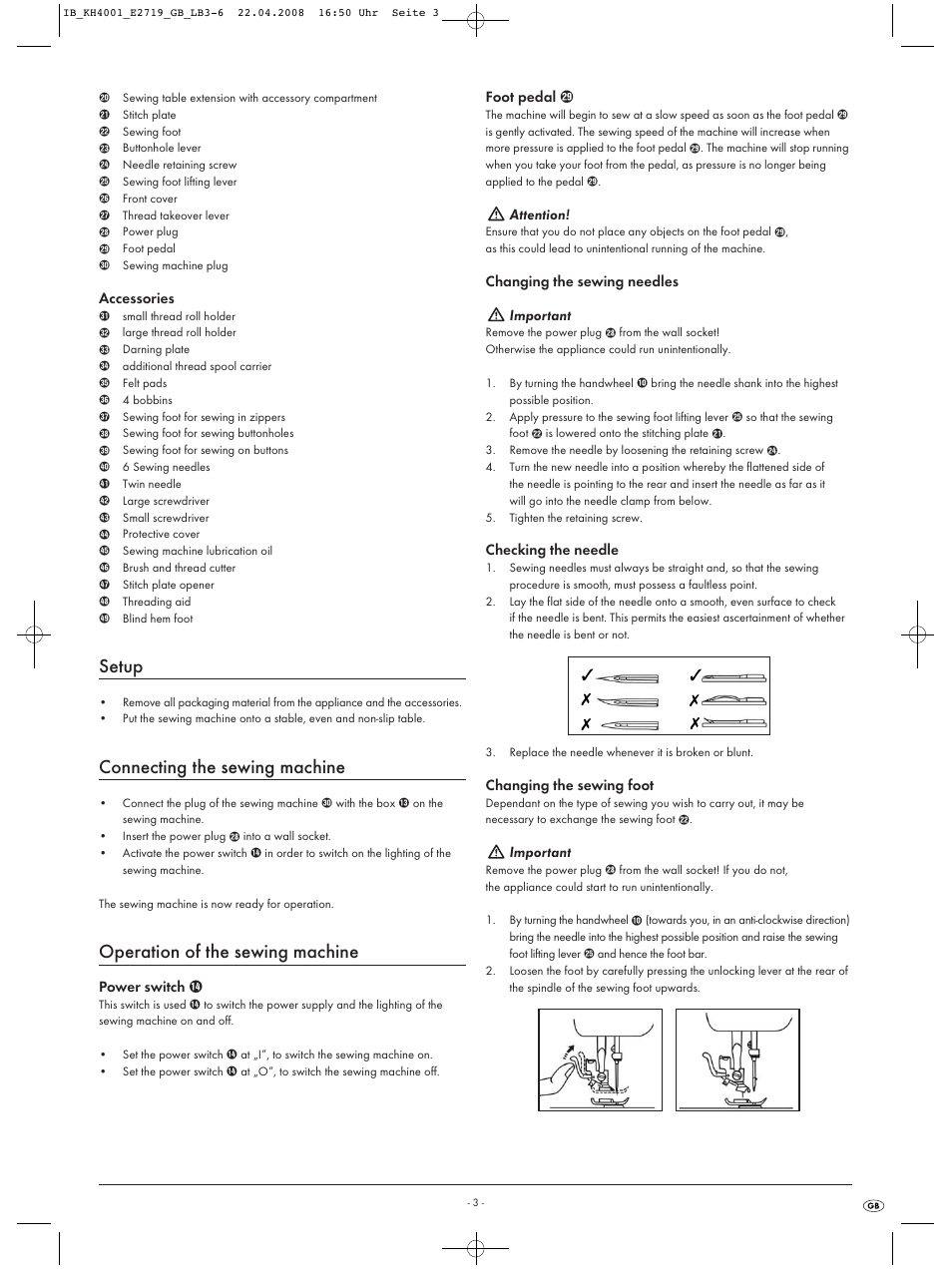 Setup, Connecting the sewing machine, Operation of the sewing machine | Kompernass KH 4001 User Manual | Page 5 / 20