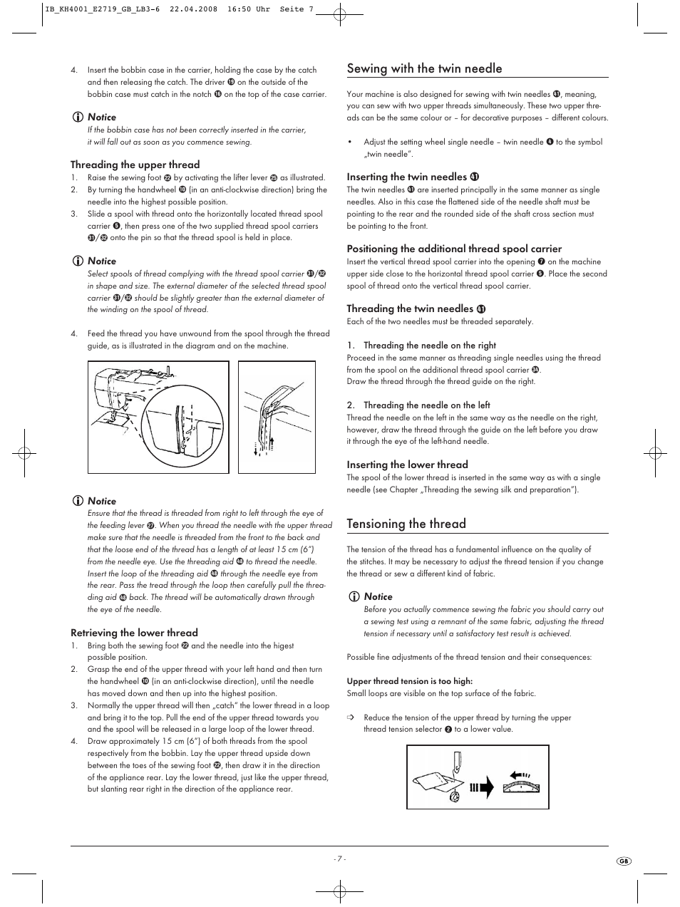 Sewing with the twin needle, Tensioning the thread | Kompernass KH 4001 User Manual | Page 9 / 20