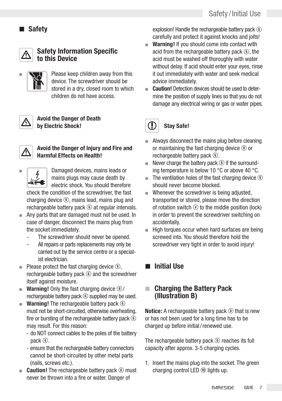Safety / initial use, Safety safety information specific to this device, Initial use | Charging the battery pack (illustration b) | Kompernass PAS 7 User Manual | Page 5 / 10