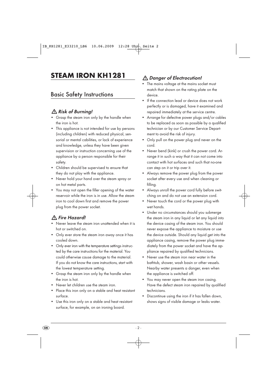 Steam iron kh1281, Basic safety instructions, Risk of burning | Fire hazard, Danger of electrocution | Kompernass SILVERCREST KH 1281 User Manual | Page 4 / 8