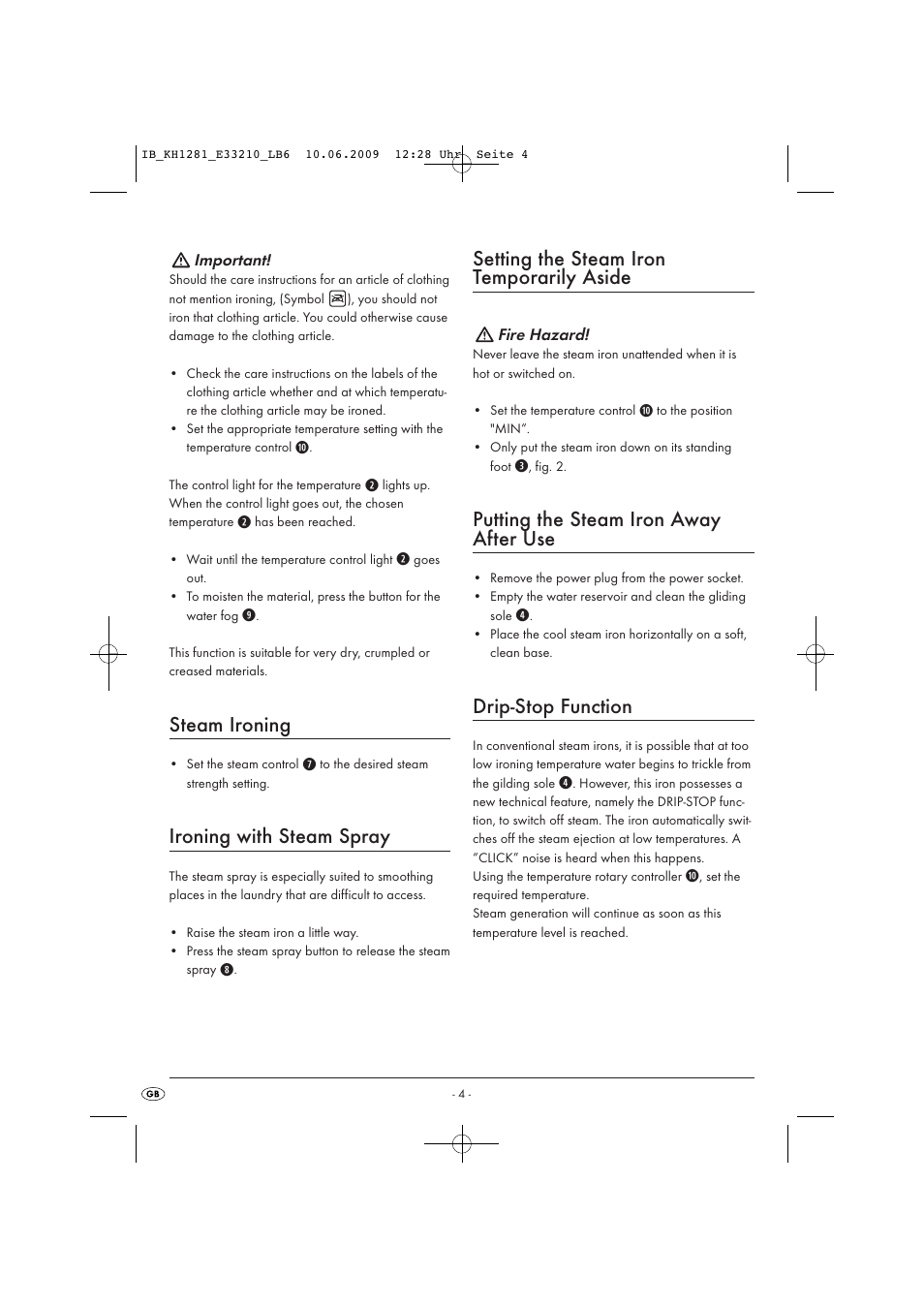 Steam ironing, Ironing with steam spray, Setting the steam iron temporarily aside | Putting the steam iron away after use, Drip-stop function | Kompernass SILVERCREST KH 1281 User Manual | Page 6 / 8