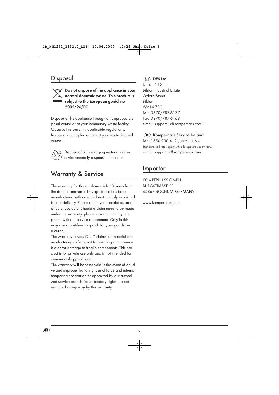 Disposal, Warranty & service, Importer | Kompernass SILVERCREST KH 1281 User Manual | Page 8 / 8