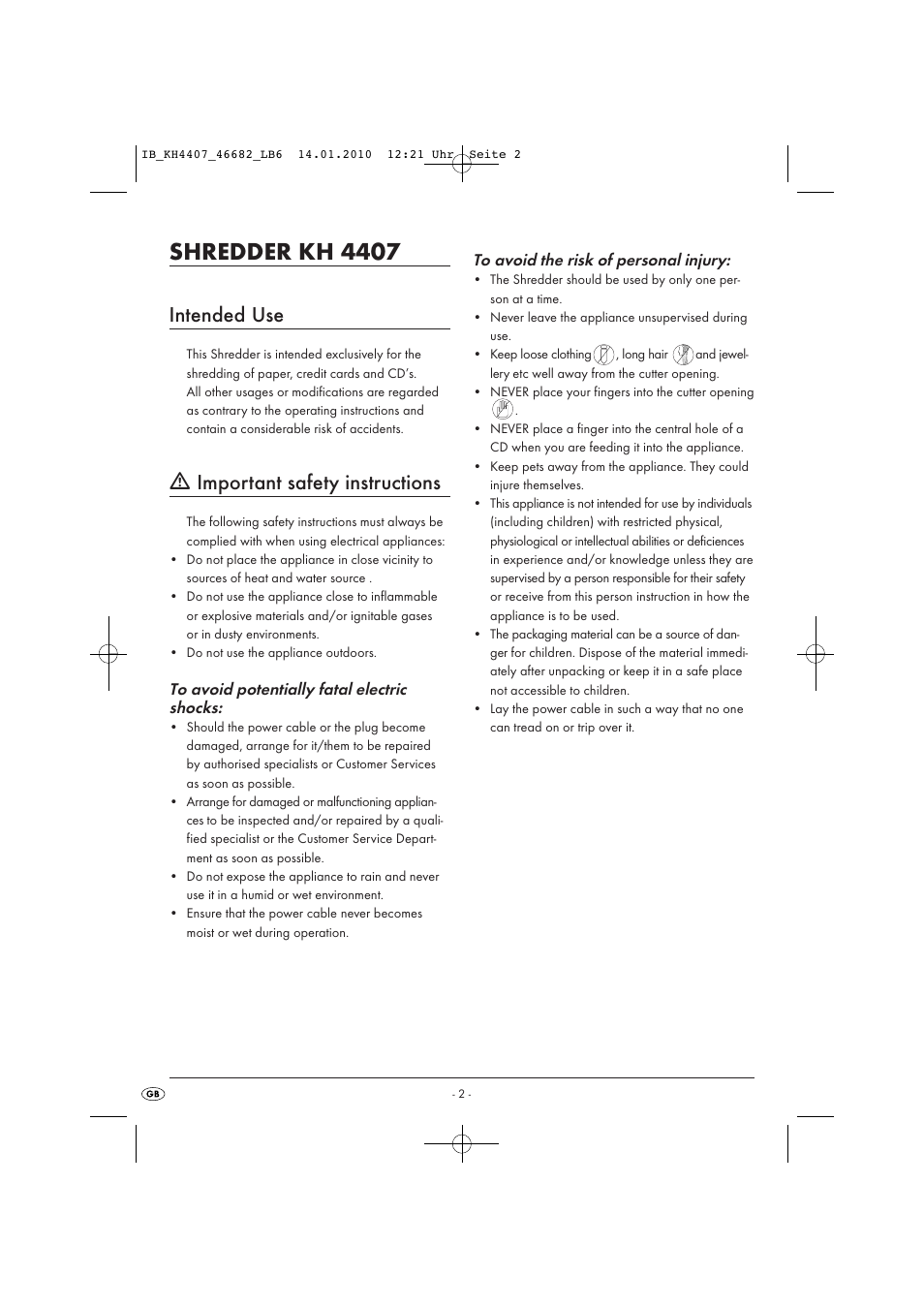 Shredder kh 4407, Intended use, Ƽ important safety instructions | Kompernass KH4407 User Manual | Page 4 / 8