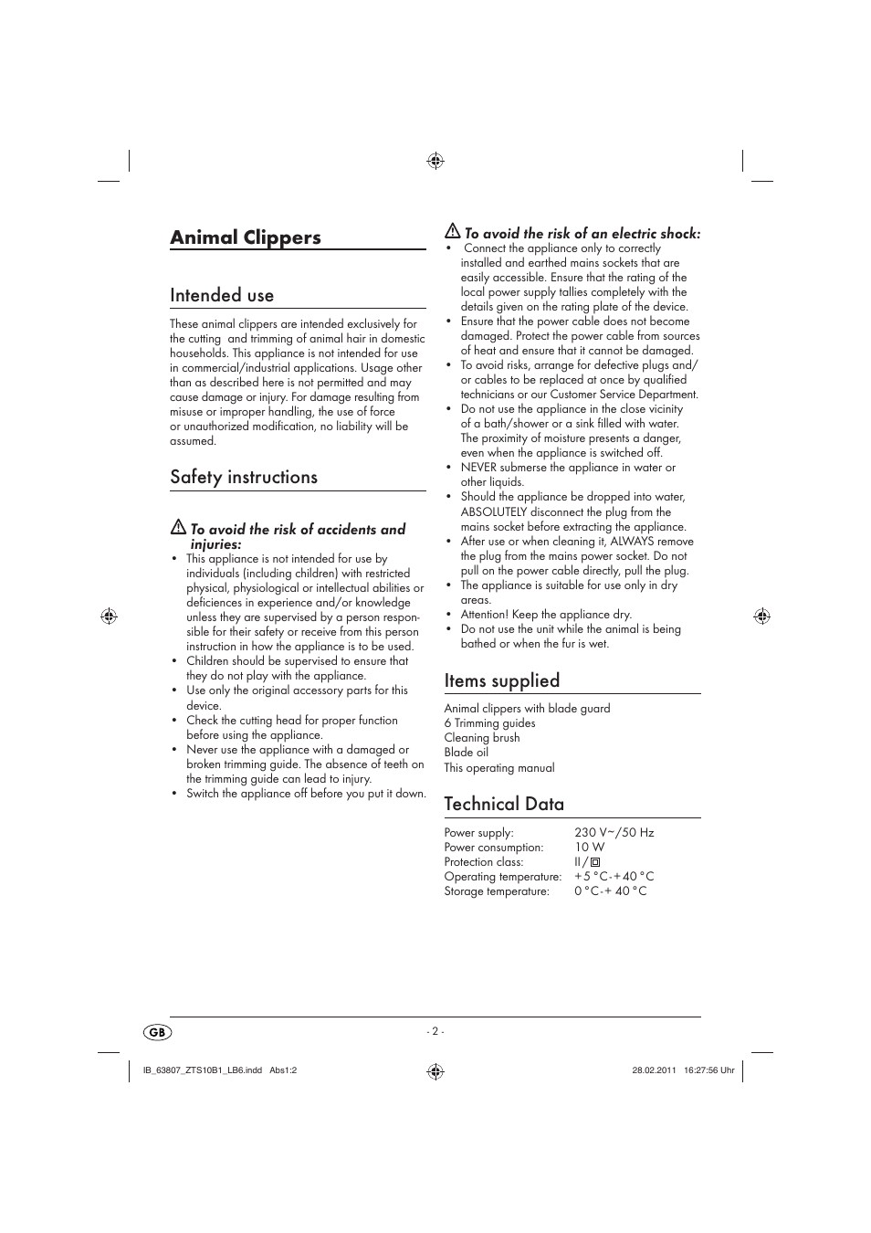Animal clippers intended use, Safety instructions, Items supplied | Technical data | Kompernass ZTS 10 B16 User Manual | Page 4 / 6