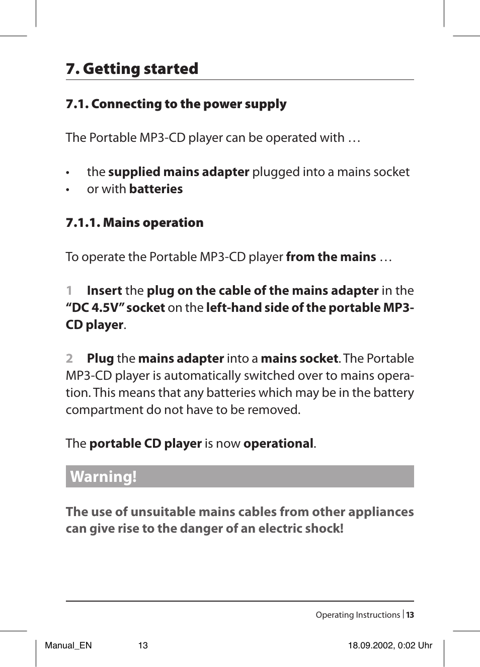 Getting started, Warning | Kompernass KH 2257 User Manual | Page 15 / 52