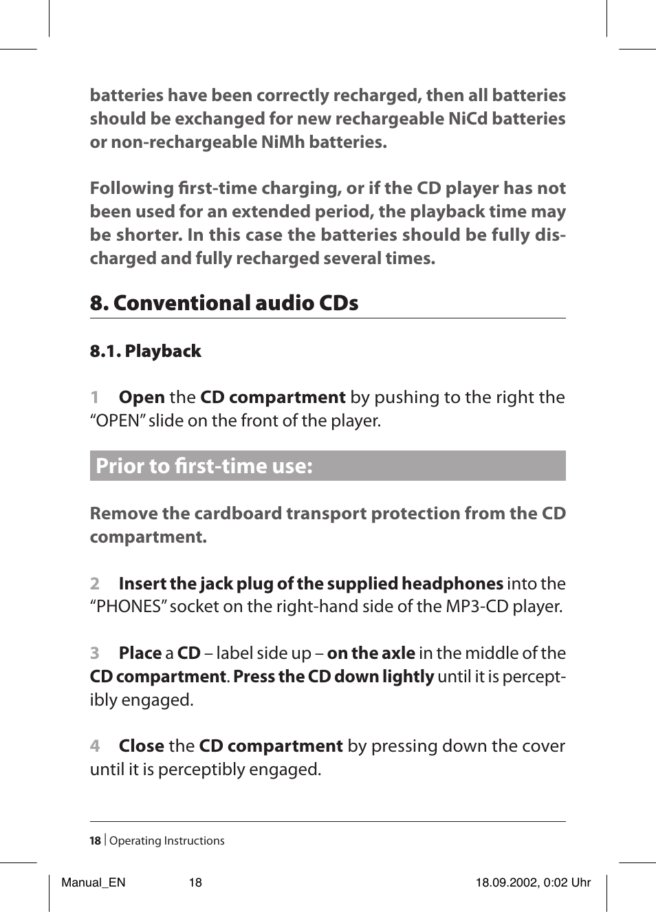 Conventional audio cds, Prior to first-time use | Kompernass KH 2257 User Manual | Page 20 / 52