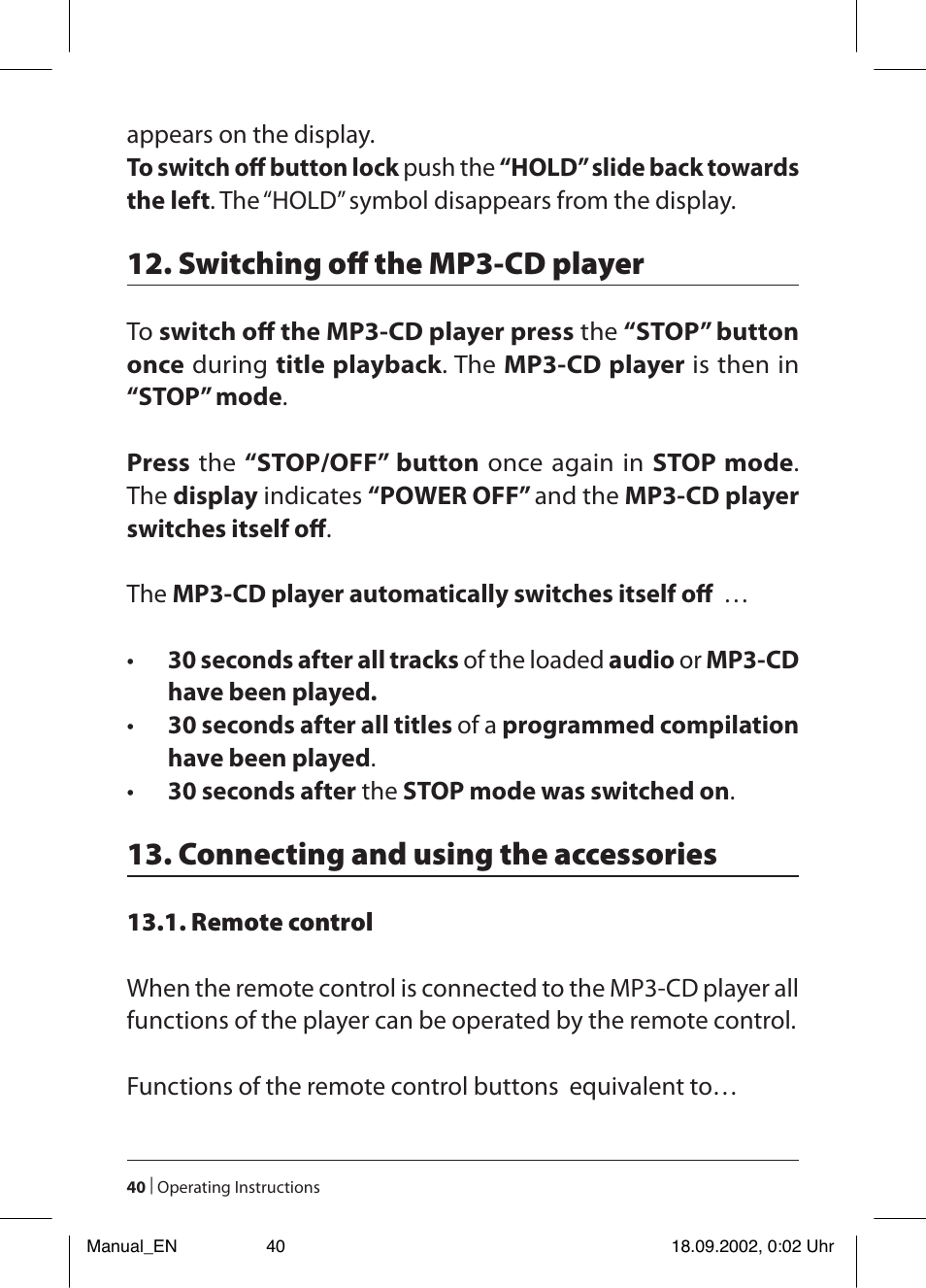 Switching off the mp3-cd player, Connecting and using the accessories | Kompernass KH 2257 User Manual | Page 42 / 52