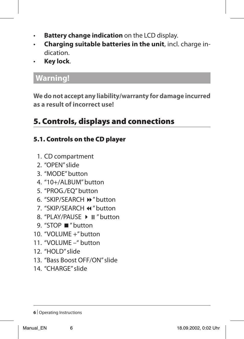 Warning, Controls, displays and connections | Kompernass KH 2257 User Manual | Page 8 / 52