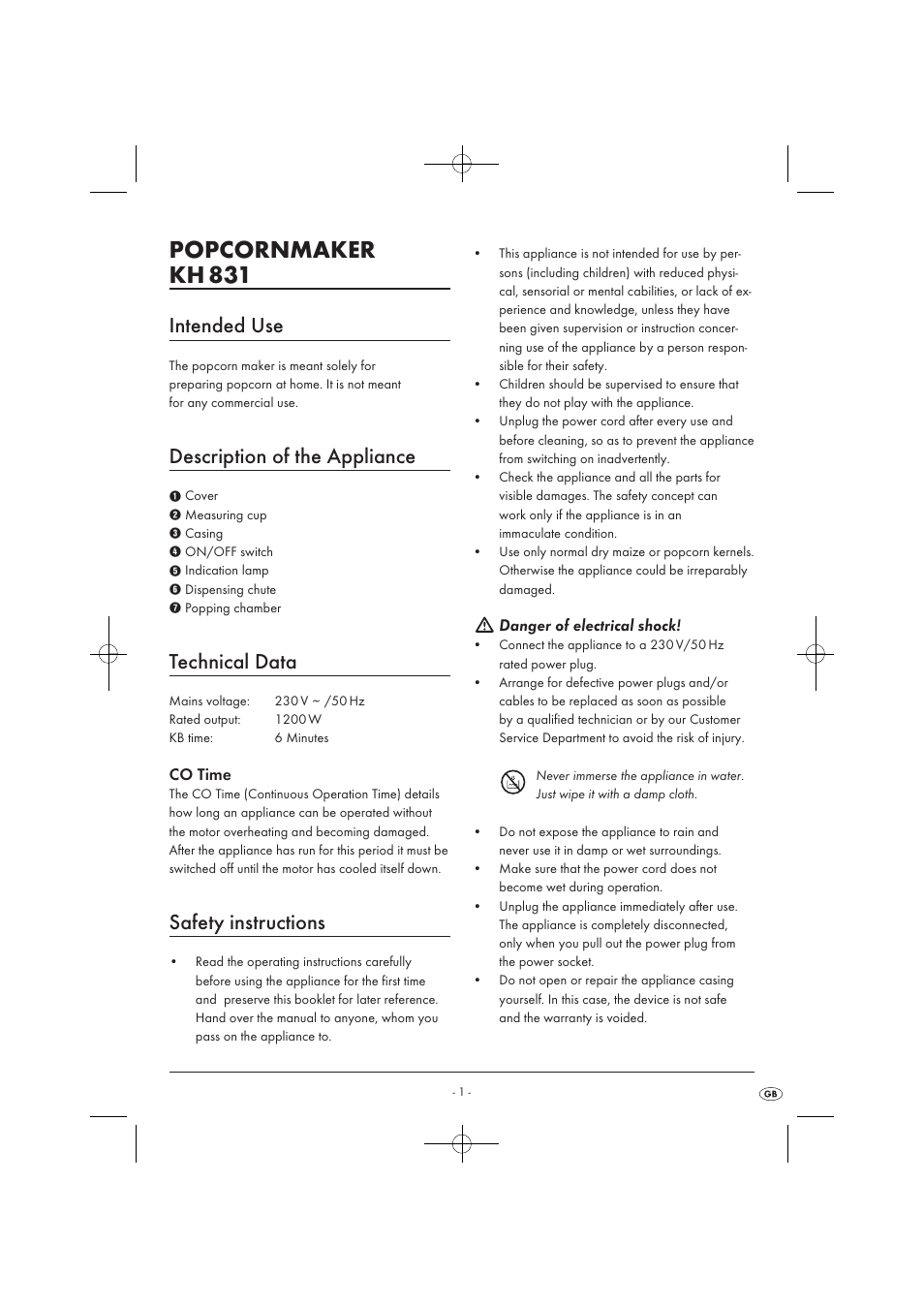 Popcornmaker kh 831, Intended use, Description of the appliance | Technical data, Safety instructions | Kompernass KH 831 User Manual | Page 3 / 6