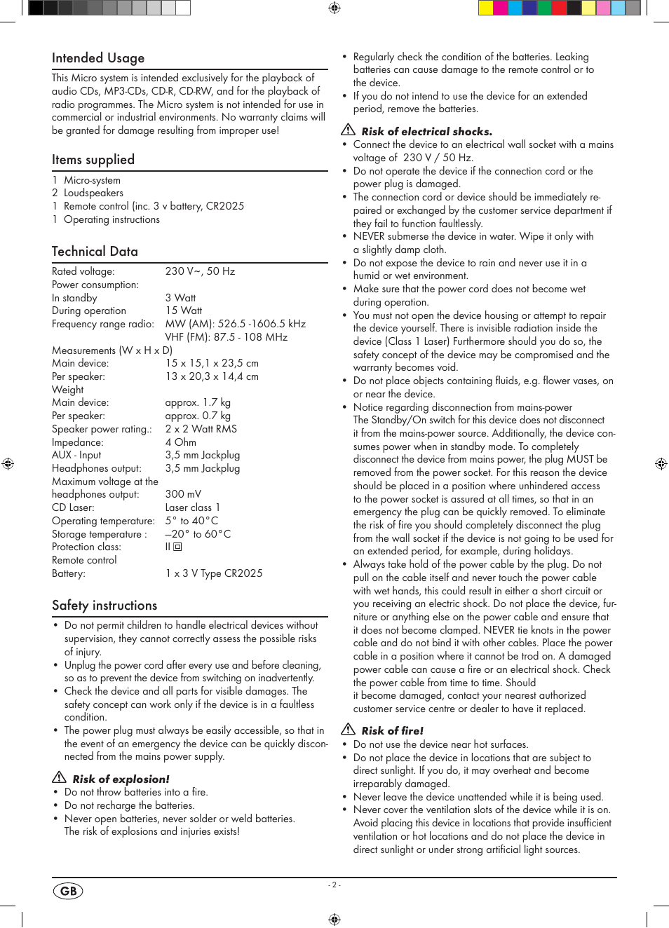 Intended usage, Items supplied, Technical data | Safety instructions | Kompernass KH 2309 User Manual | Page 4 / 10