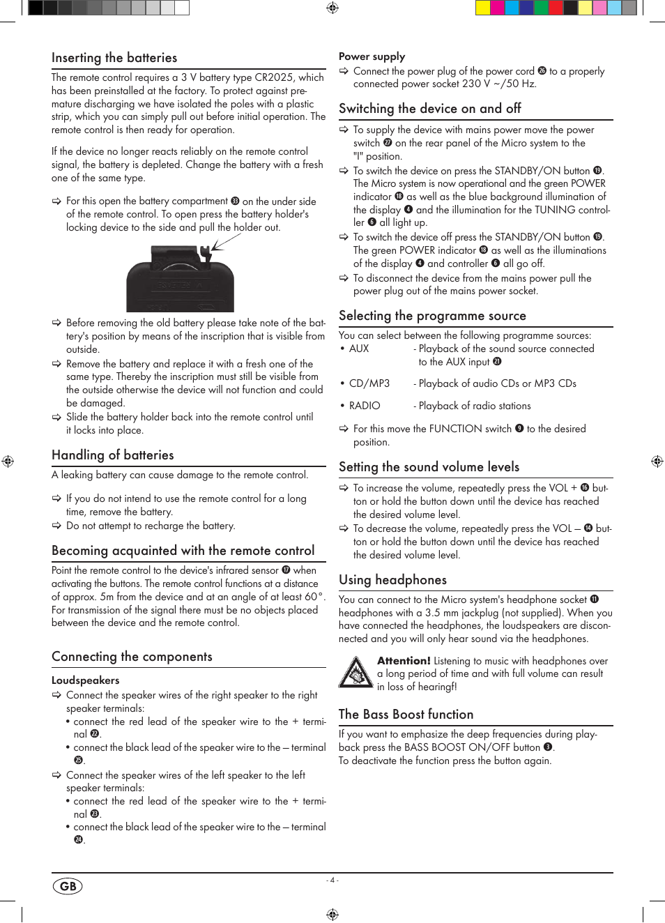 Inserting the batteries, Handling of batteries, Becoming acquainted with the remote control | Connecting the components, Switching the device on and off, Selecting the programme source, Setting the sound volume levels, Using headphones, The bass boost function | Kompernass KH 2309 User Manual | Page 6 / 10