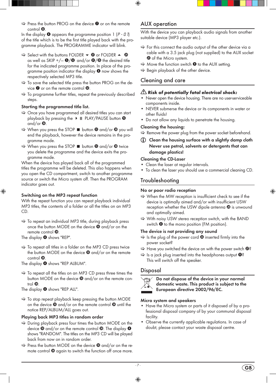 Aux operation, Cleaning and care, Troubleshooting | Disposal | Kompernass KH 2309 User Manual | Page 9 / 10
