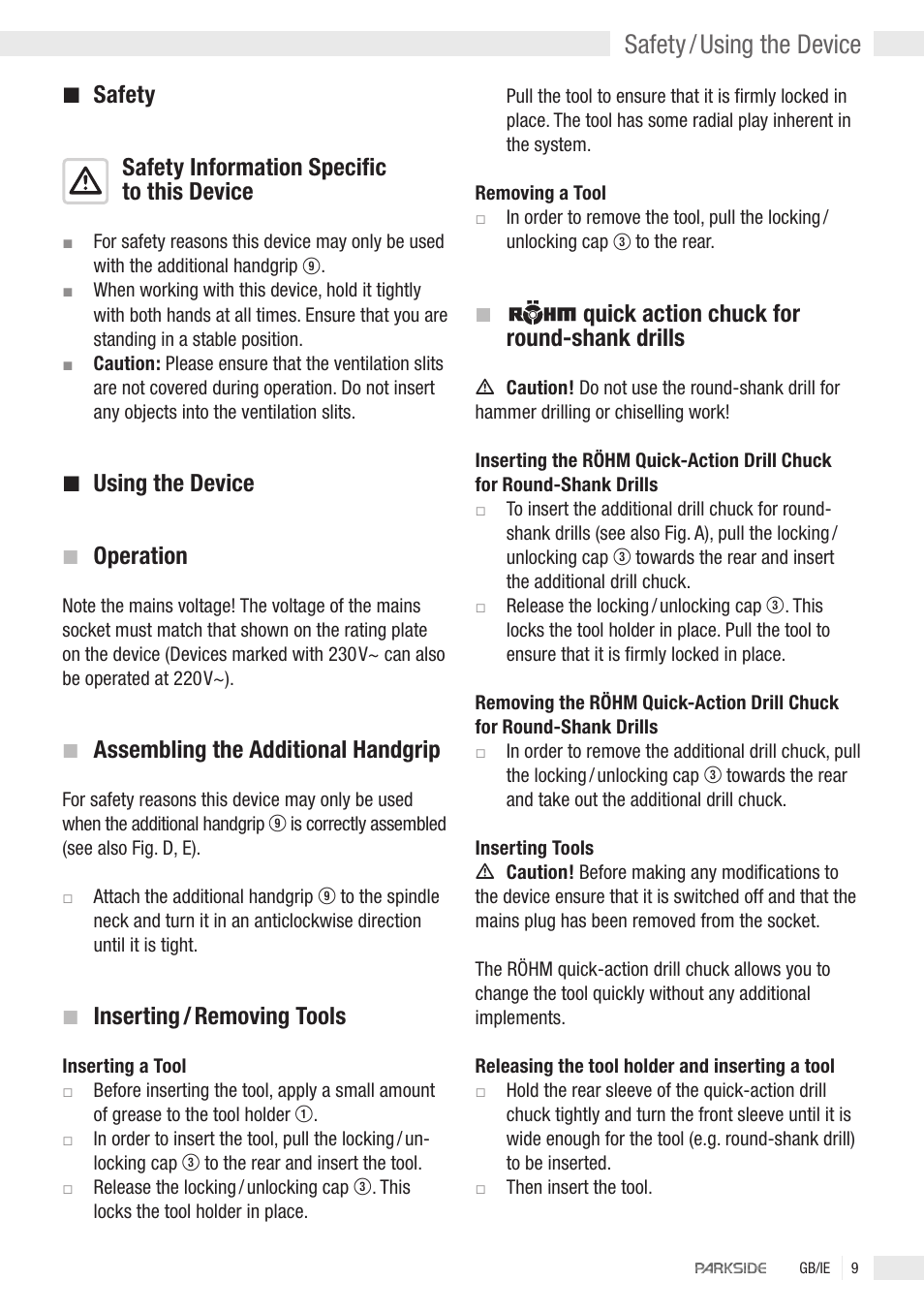 Safety / using the device, Safety safety information specific to this device, Using the device | Operation, Assembling the additional handgrip, Inserting / removing tools, Quick action chuck for round-shank drills | Kompernass PEBH 1010 User Manual | Page 7 / 10