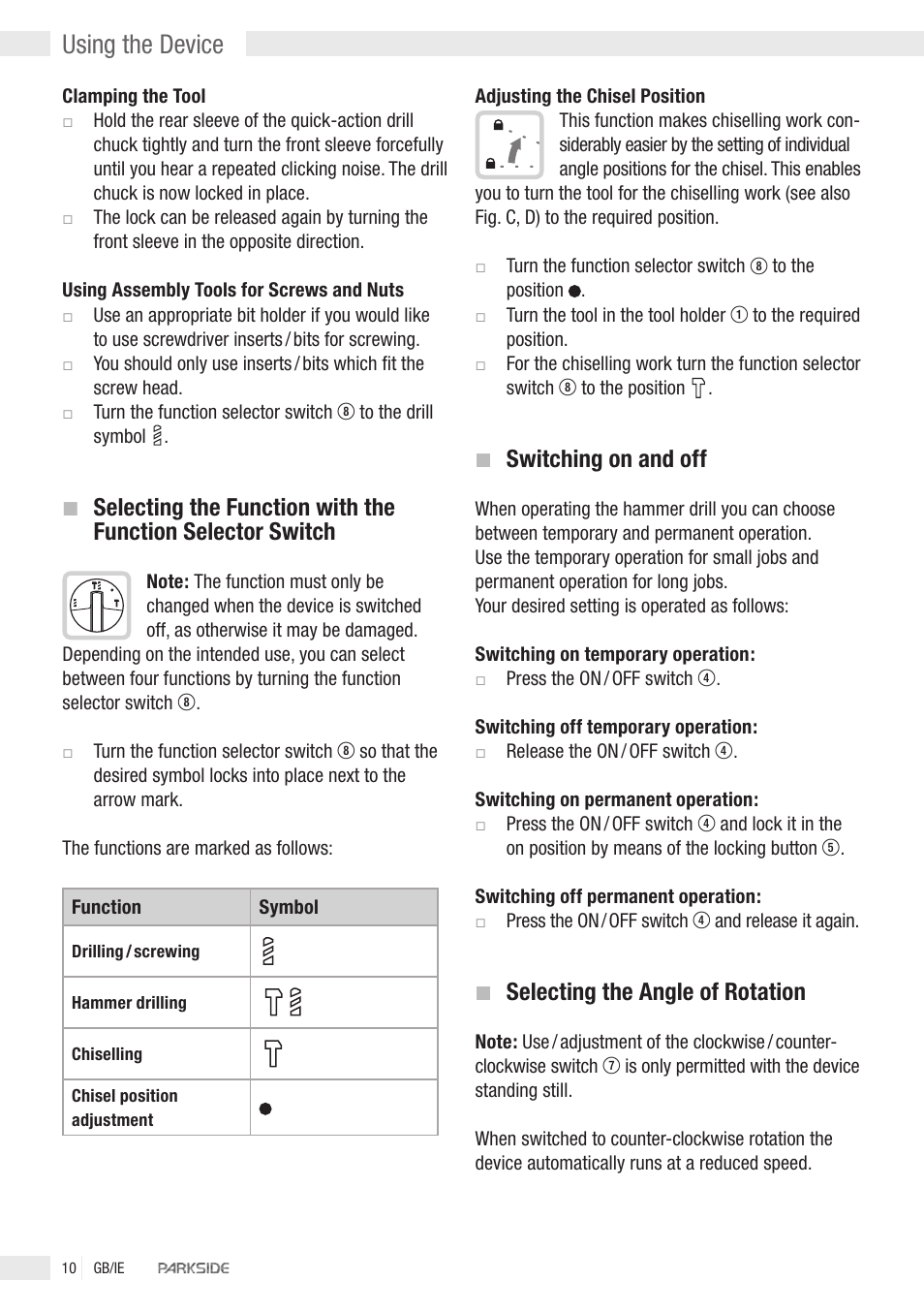 Using the device, Switching on and off, Selecting the angle of rotation | Kompernass PEBH 1010 User Manual | Page 8 / 10