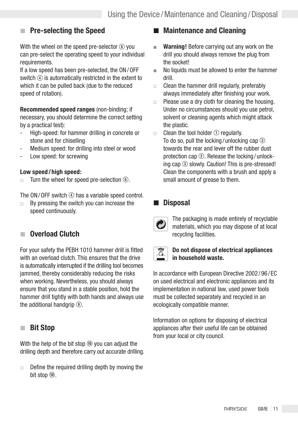 Pre-selecting the speed, Overload clutch, Bit stop | Maintenance and cleaning, Disposal | Kompernass PEBH 1010 User Manual | Page 9 / 10