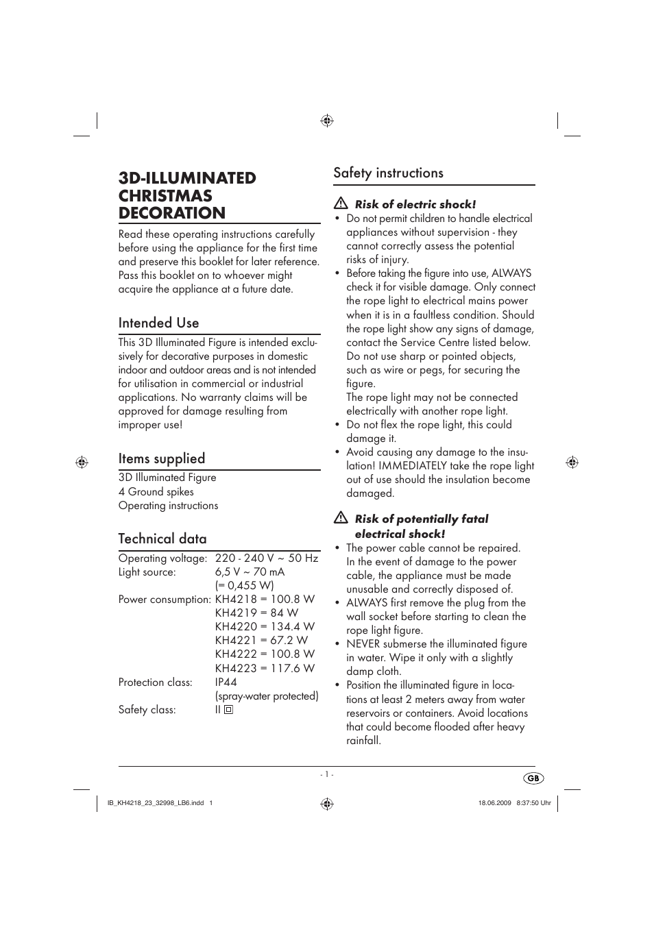 3d-illuminated christmas decoration, Safety instructions, Intended use | Items supplied, Technical data | Kompernass KH4221 User Manual | Page 2 / 5