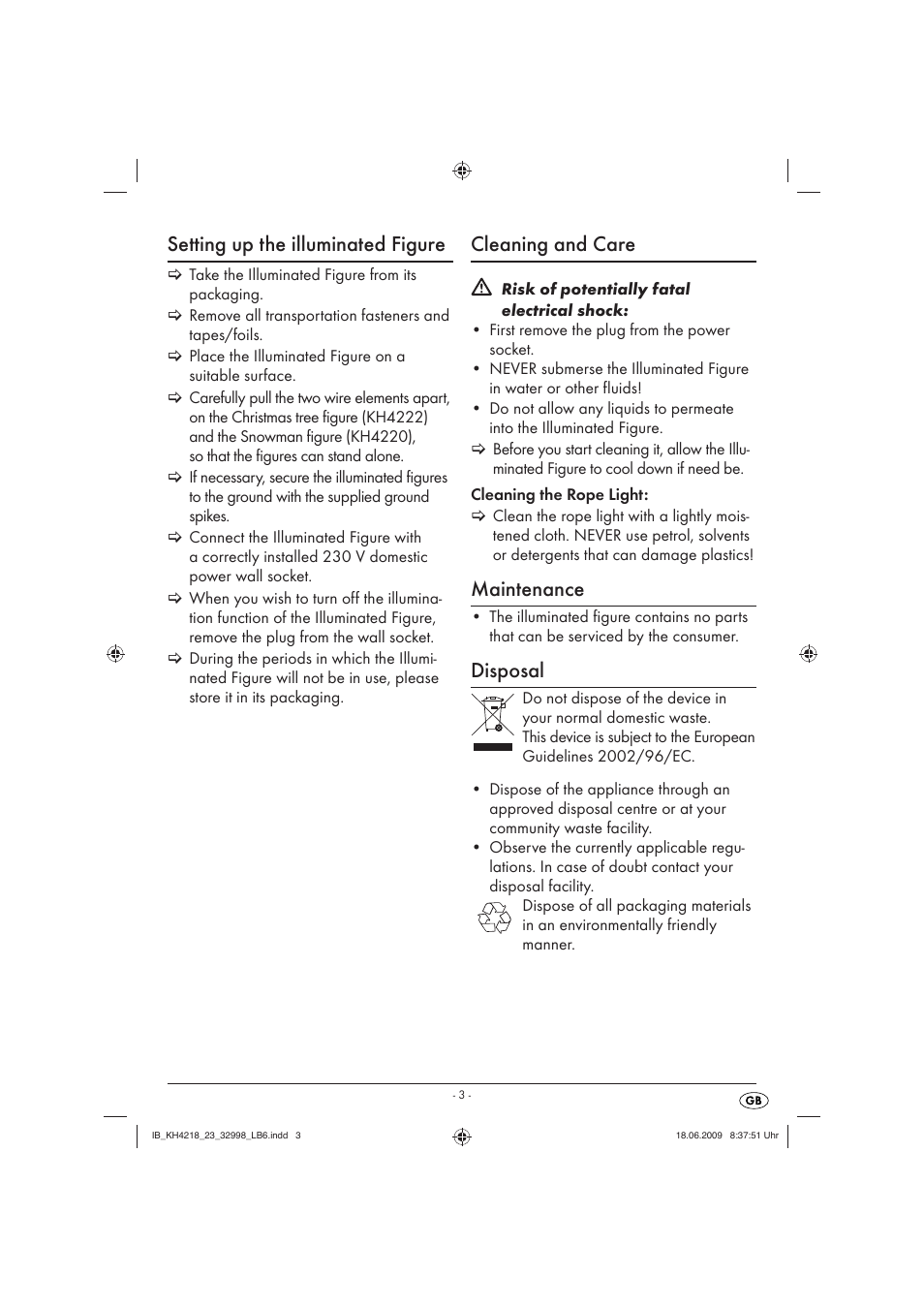 Setting up the illuminated figure, Cleaning and care, Maintenance | Disposal | Kompernass KH4221 User Manual | Page 4 / 5