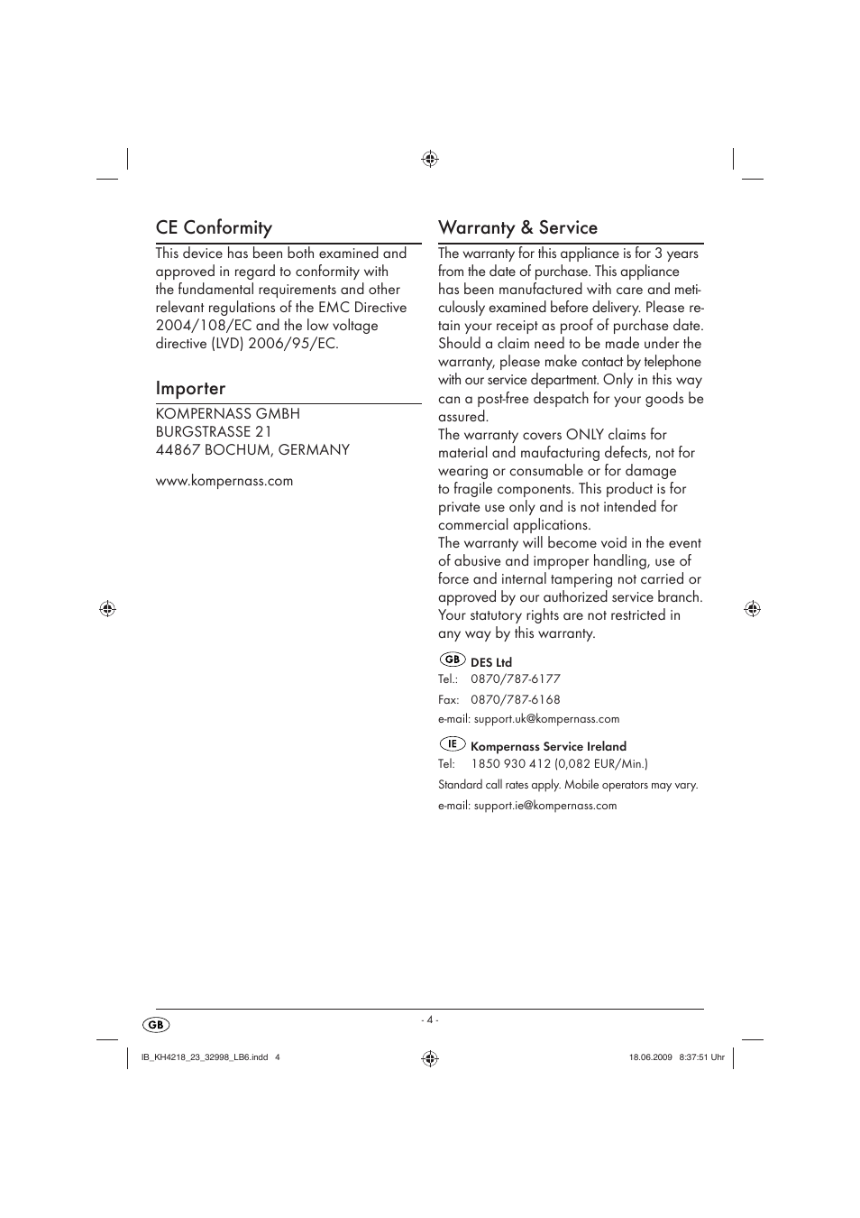 Ce conformity, Importer, Warranty & service | Kompernass KH4221 User Manual | Page 5 / 5