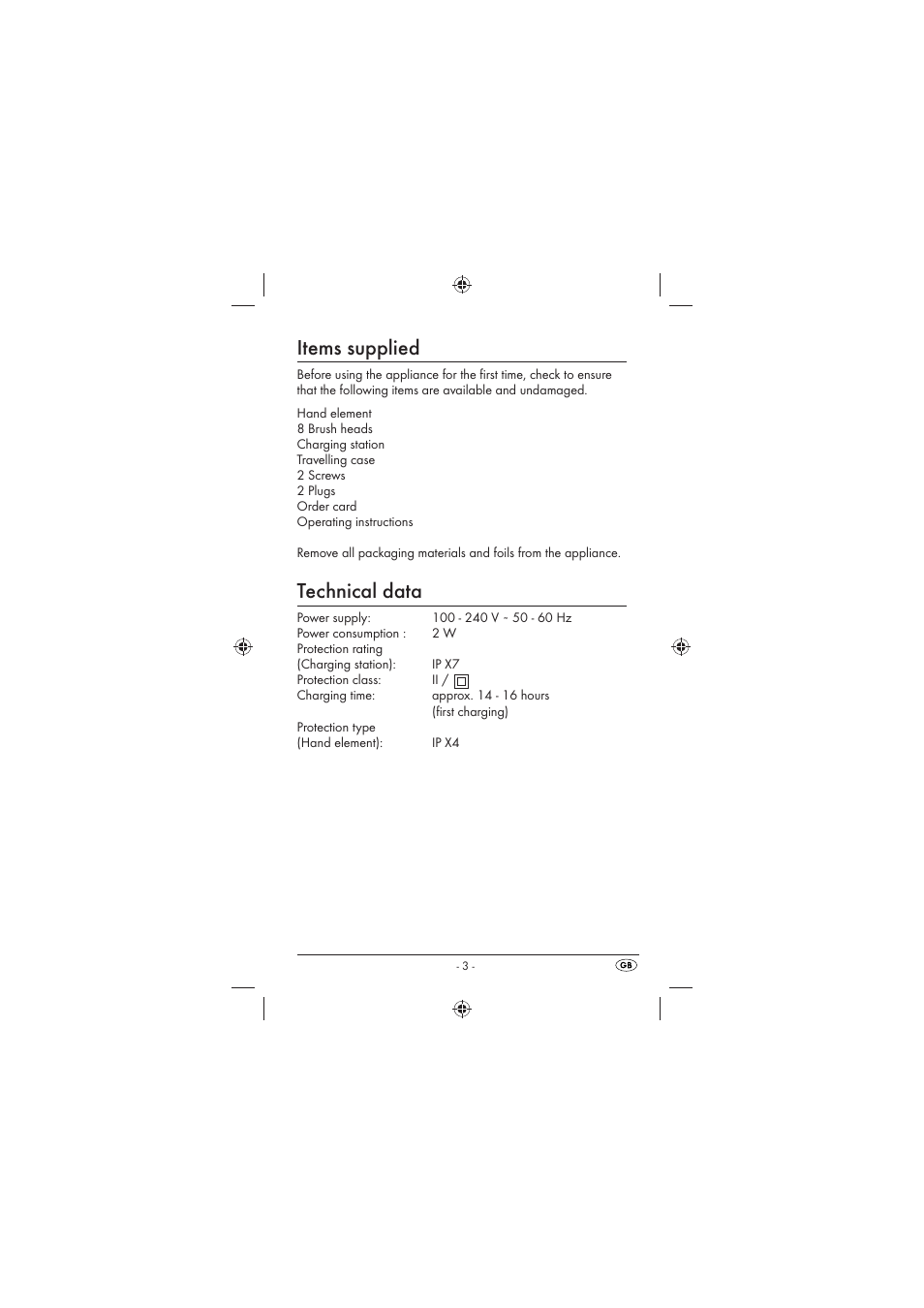 Items supplied, Technical data | Kompernass KH123 User Manual | Page 5 / 14