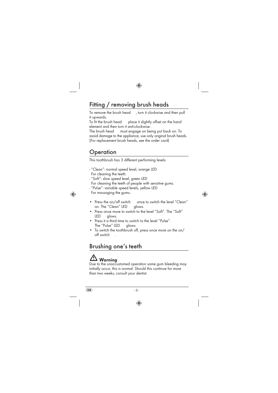 Fitting / removing brush heads, Operation, Brushing one’s teeth | Kompernass KH123 User Manual | Page 8 / 14