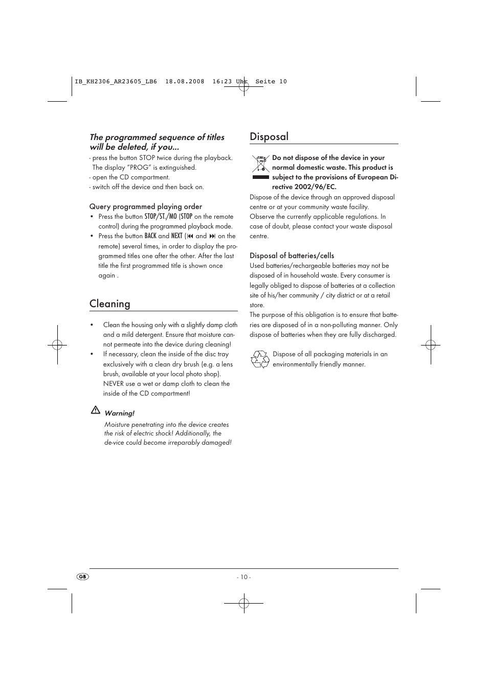 Cleaning, Disposal | Kompernass KH 2306 User Manual | Page 12 / 16