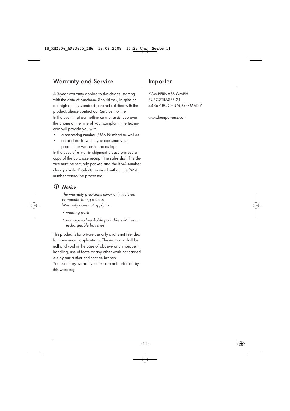 Warranty and service, Importer | Kompernass KH 2306 User Manual | Page 13 / 16