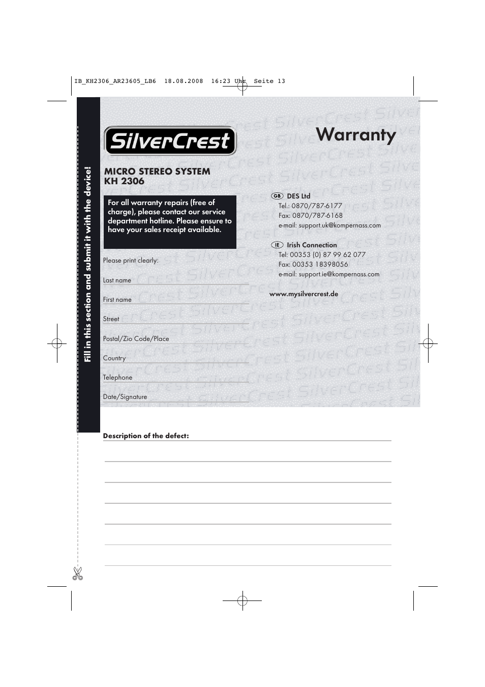 Warranty | Kompernass KH 2306 User Manual | Page 15 / 16
