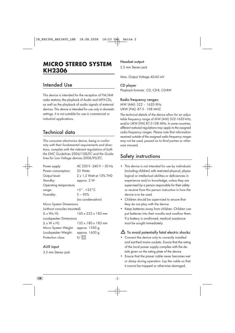 Micro stereo system kh2306, Intended use, Technical data | Safety instructions | Kompernass KH 2306 User Manual | Page 4 / 16