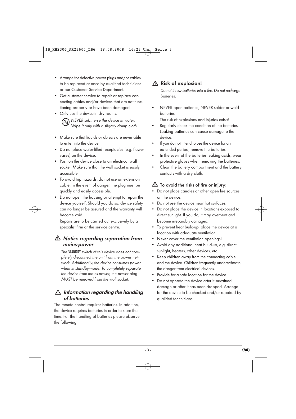Notice regarding separation from mains-power, Information regarding the handling of batteries | Kompernass KH 2306 User Manual | Page 5 / 16