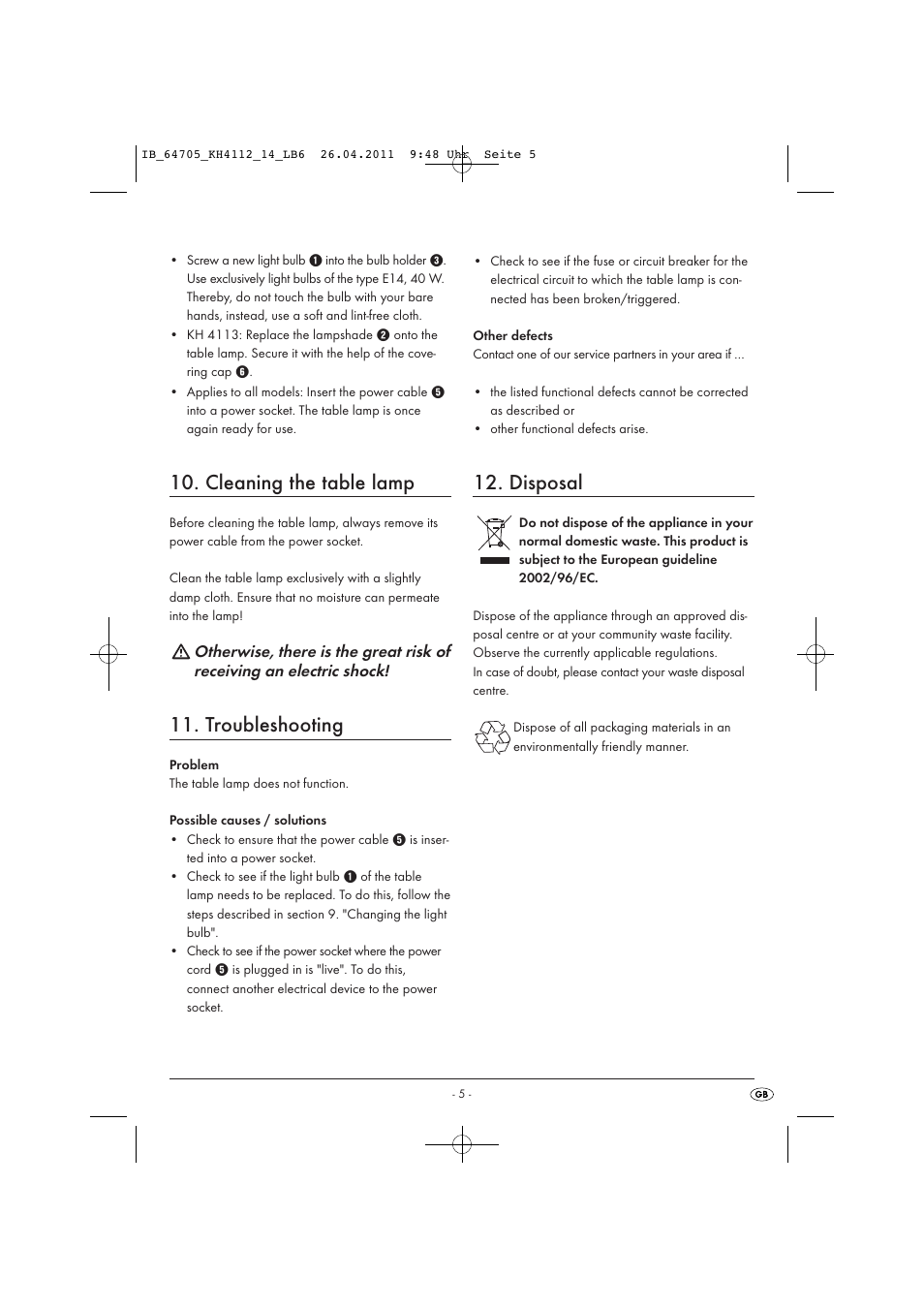 Cleaning the table lamp, Troubleshooting, Disposal | Kompernass KH 4112 User Manual | Page 7 / 8