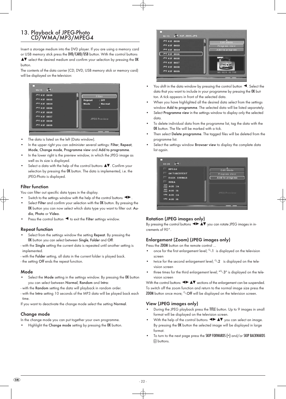 Playback of jpeg-photo cd/wma/mp3/mpeg4 | Kompernass KH 6518 User Manual | Page 22 / 29