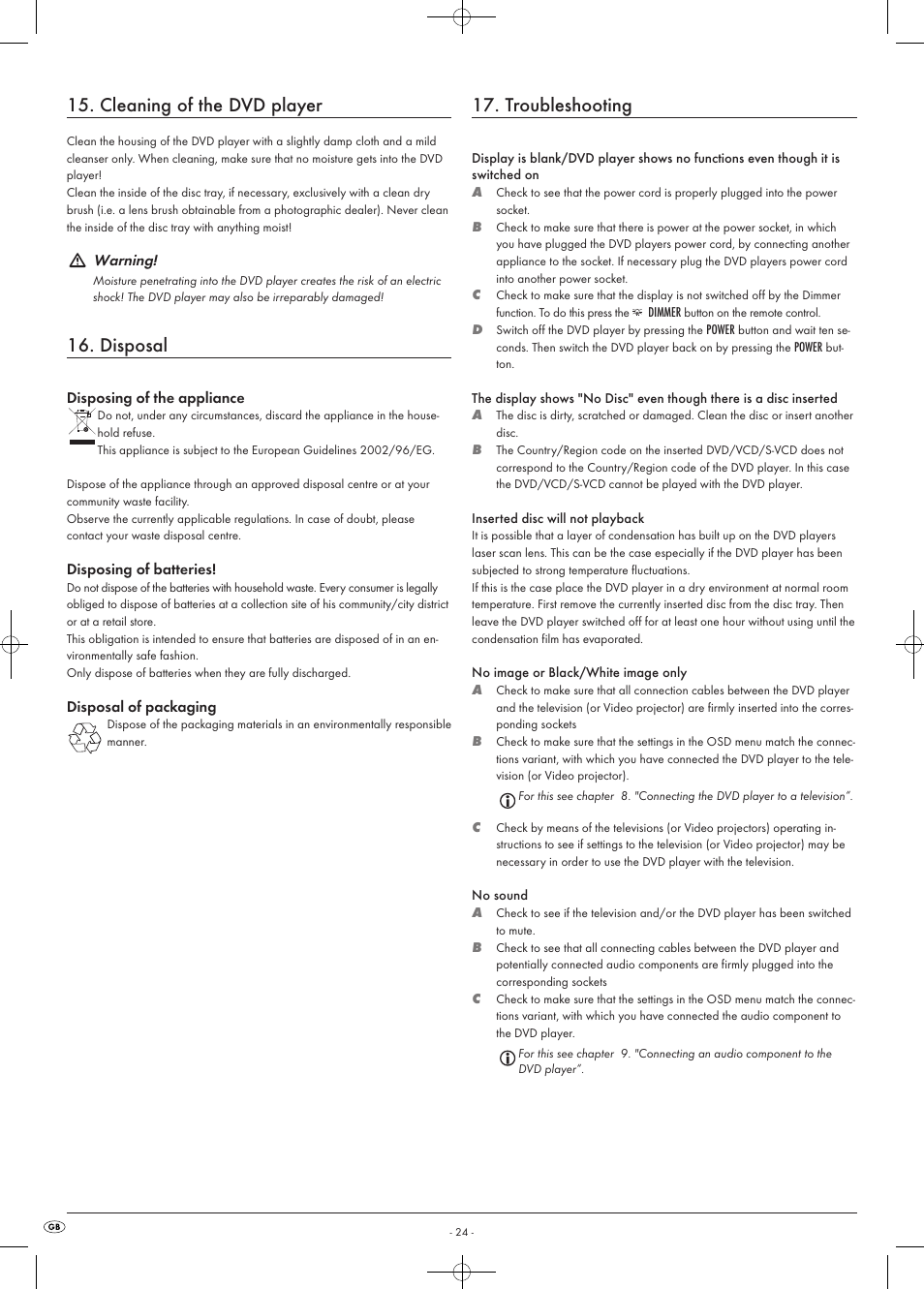 Cleaning of the dvd player, Disposal, Troubleshooting | Kompernass KH 6518 User Manual | Page 24 / 29