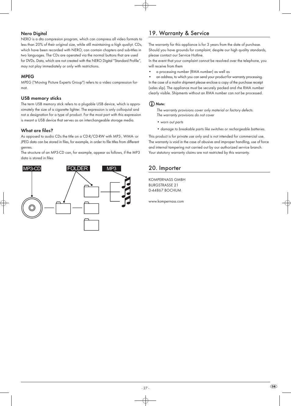 Warranty & service, Importer | Kompernass KH 6518 User Manual | Page 27 / 29