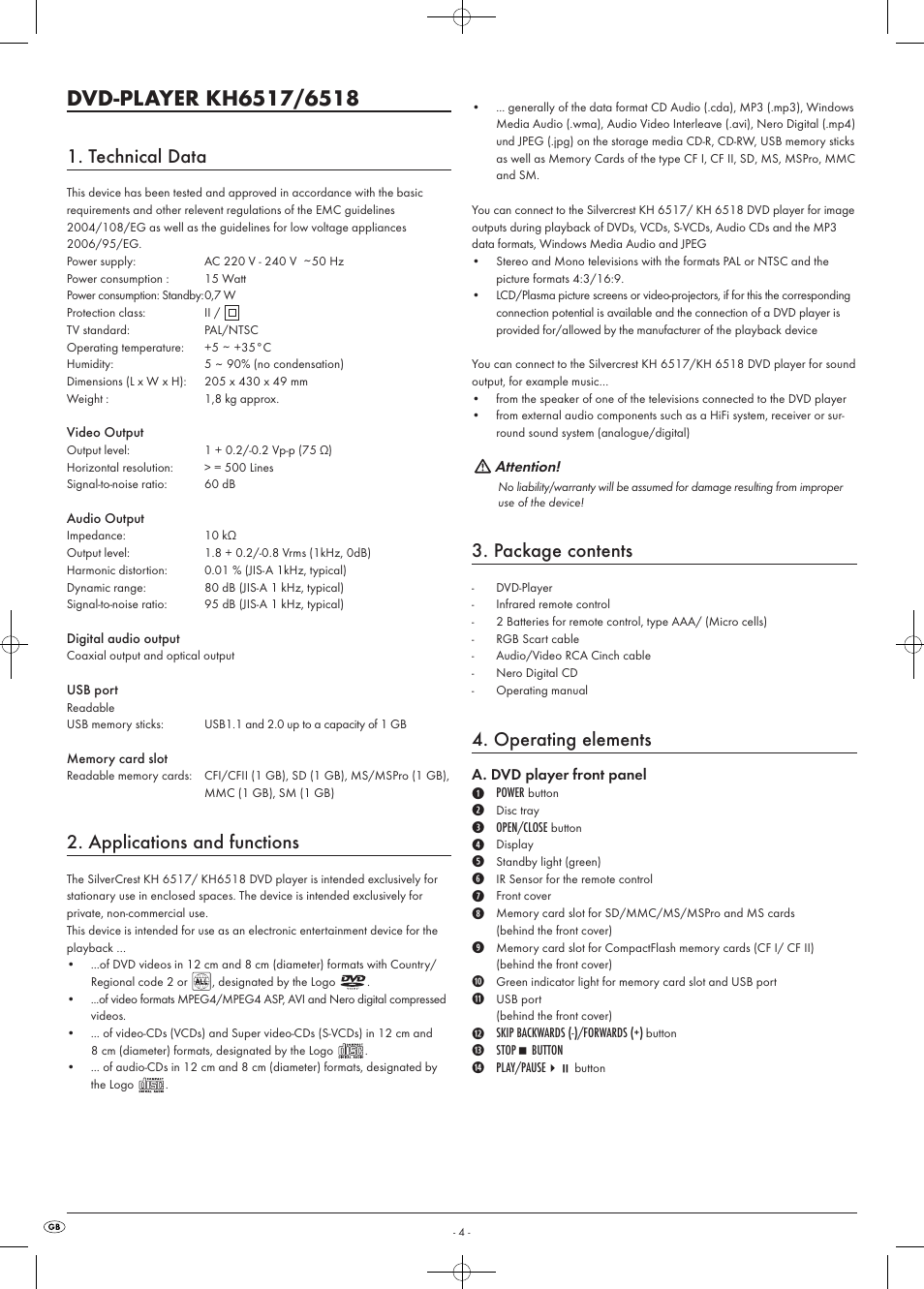 Technical data, Applications and functions, Package contents | Operating elements | Kompernass KH 6518 User Manual | Page 4 / 29