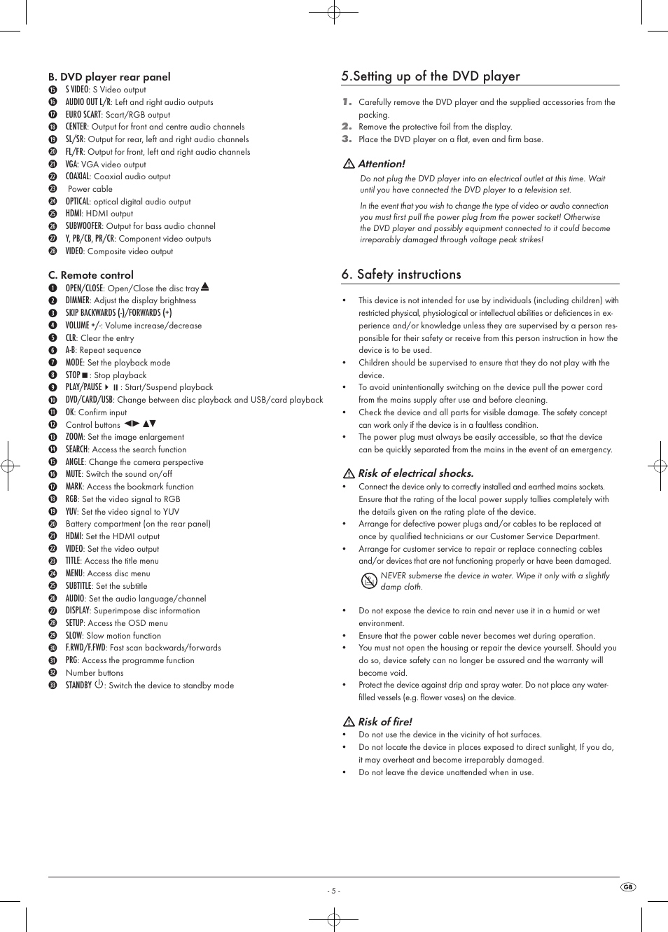 Setting up of the dvd player, Safety instructions | Kompernass KH 6518 User Manual | Page 5 / 29