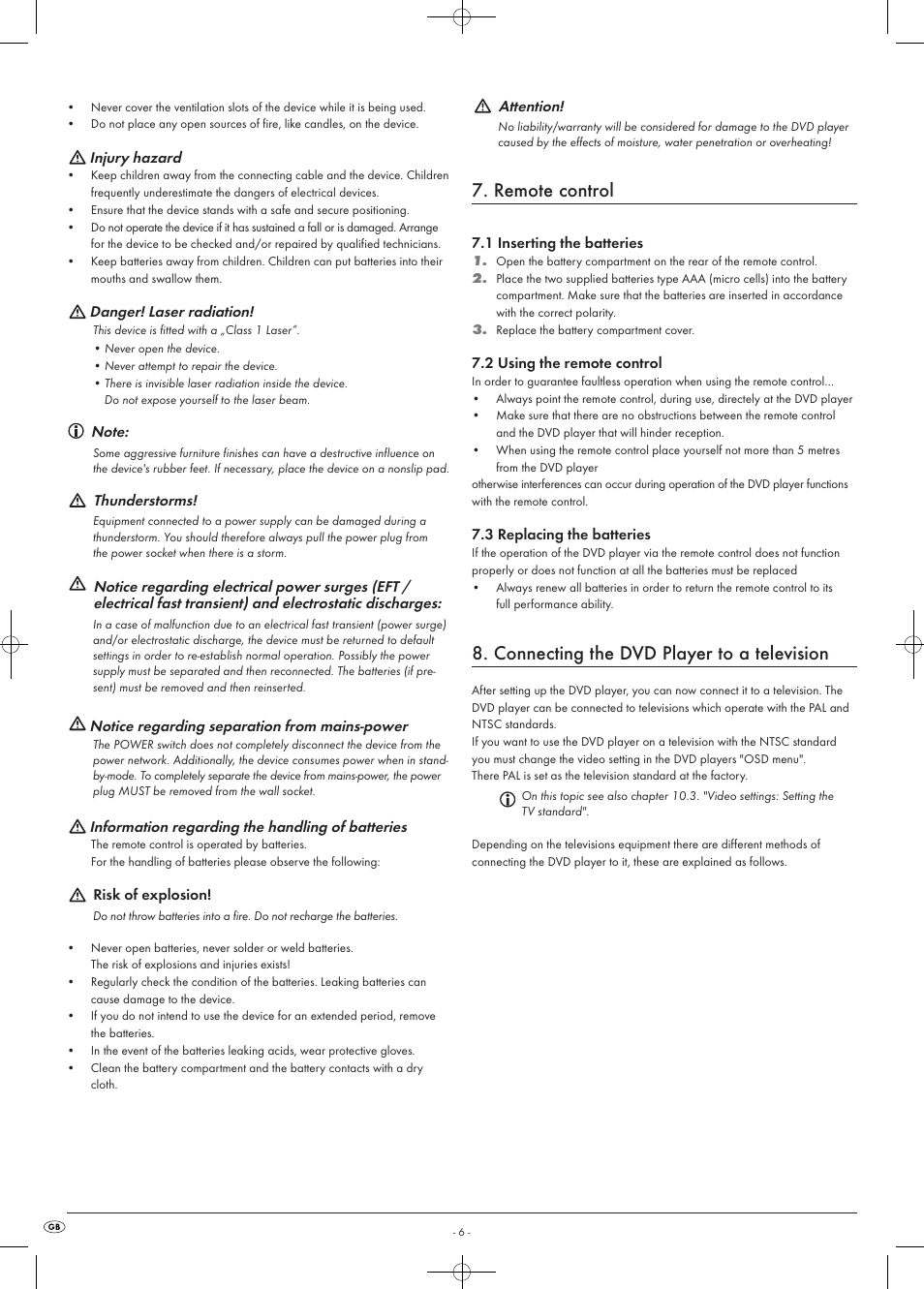 Remote control, Connecting the dvd player to a television | Kompernass KH 6518 User Manual | Page 6 / 29