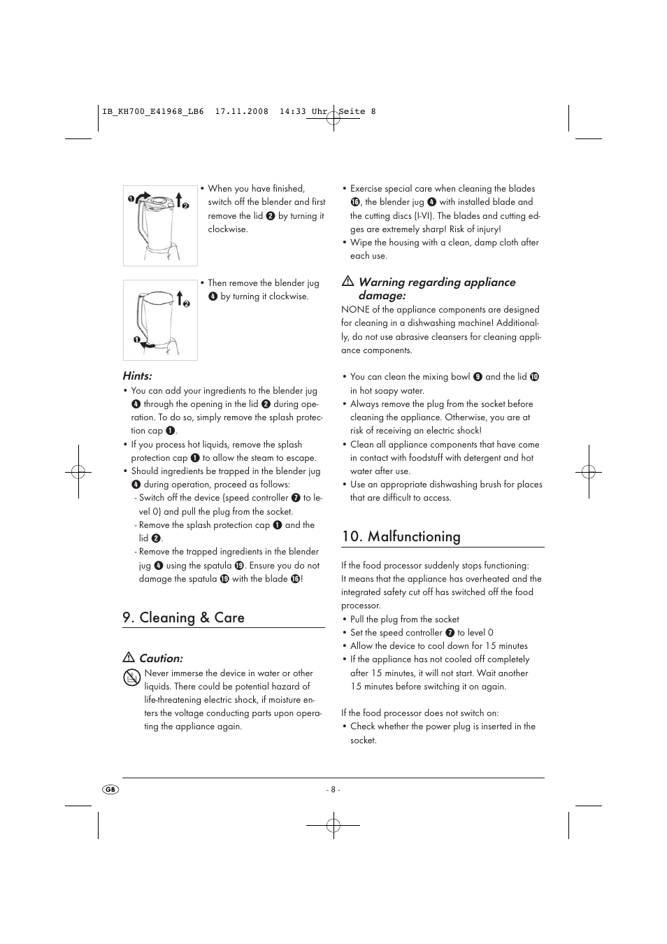 Cleaning & care, Malfunctioning | Kompernass KH 700 User Manual | Page 10 / 12