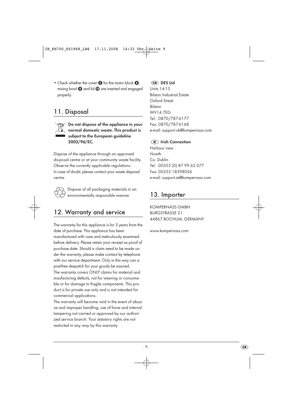Disposal, Warranty and service, Importer | Kompernass KH 700 User Manual | Page 11 / 12