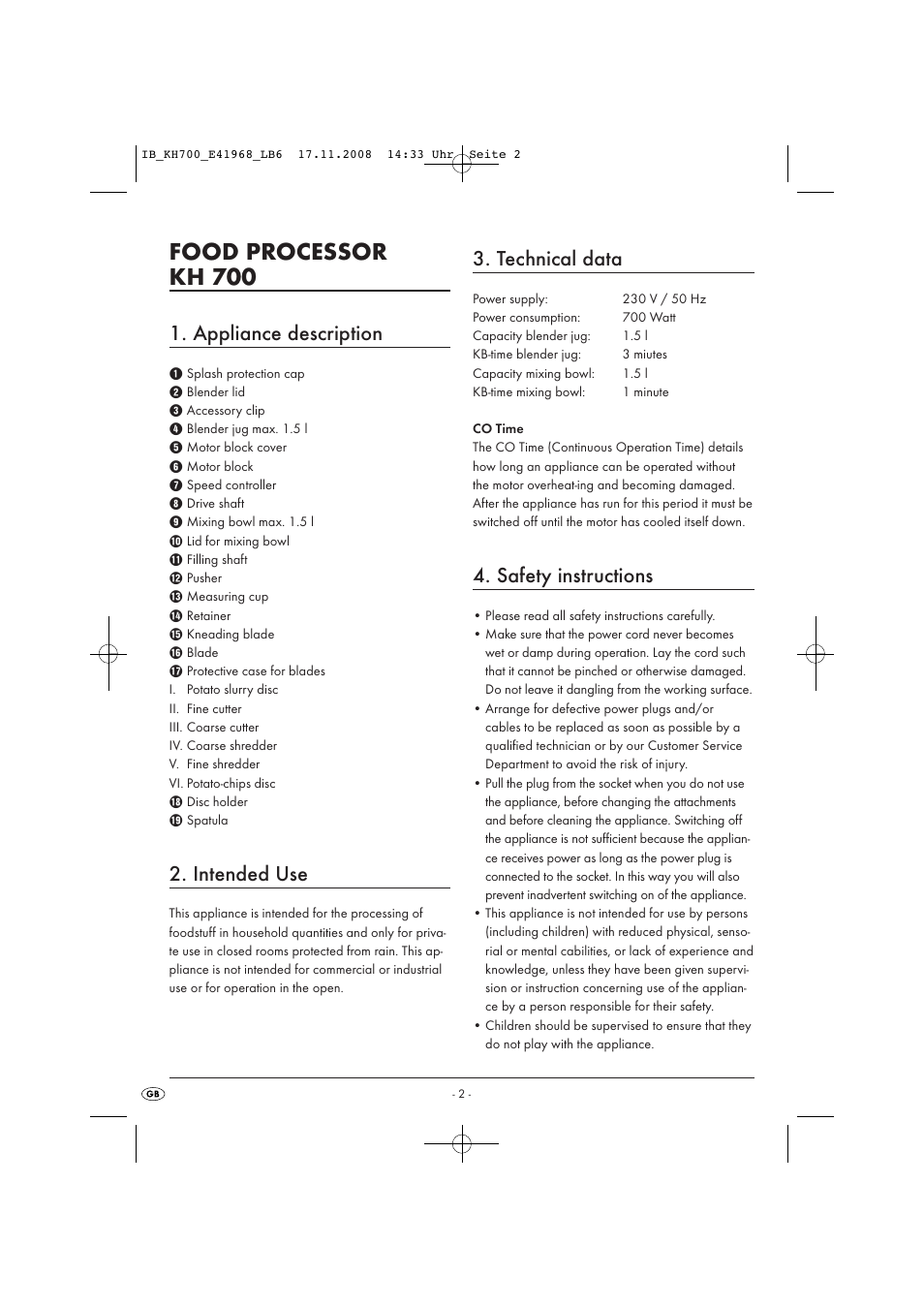 Food processor kh 700, Appliance description, Intended use | Technical data, Safety instructions | Kompernass KH 700 User Manual | Page 4 / 12