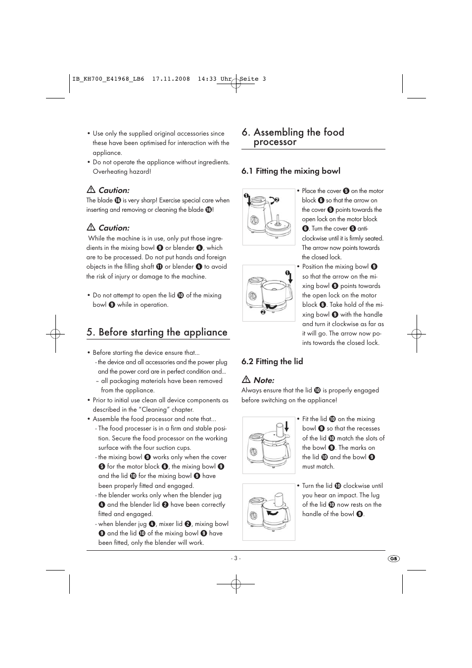 Before starting the appliance, Assembling the food processor | Kompernass KH 700 User Manual | Page 5 / 12