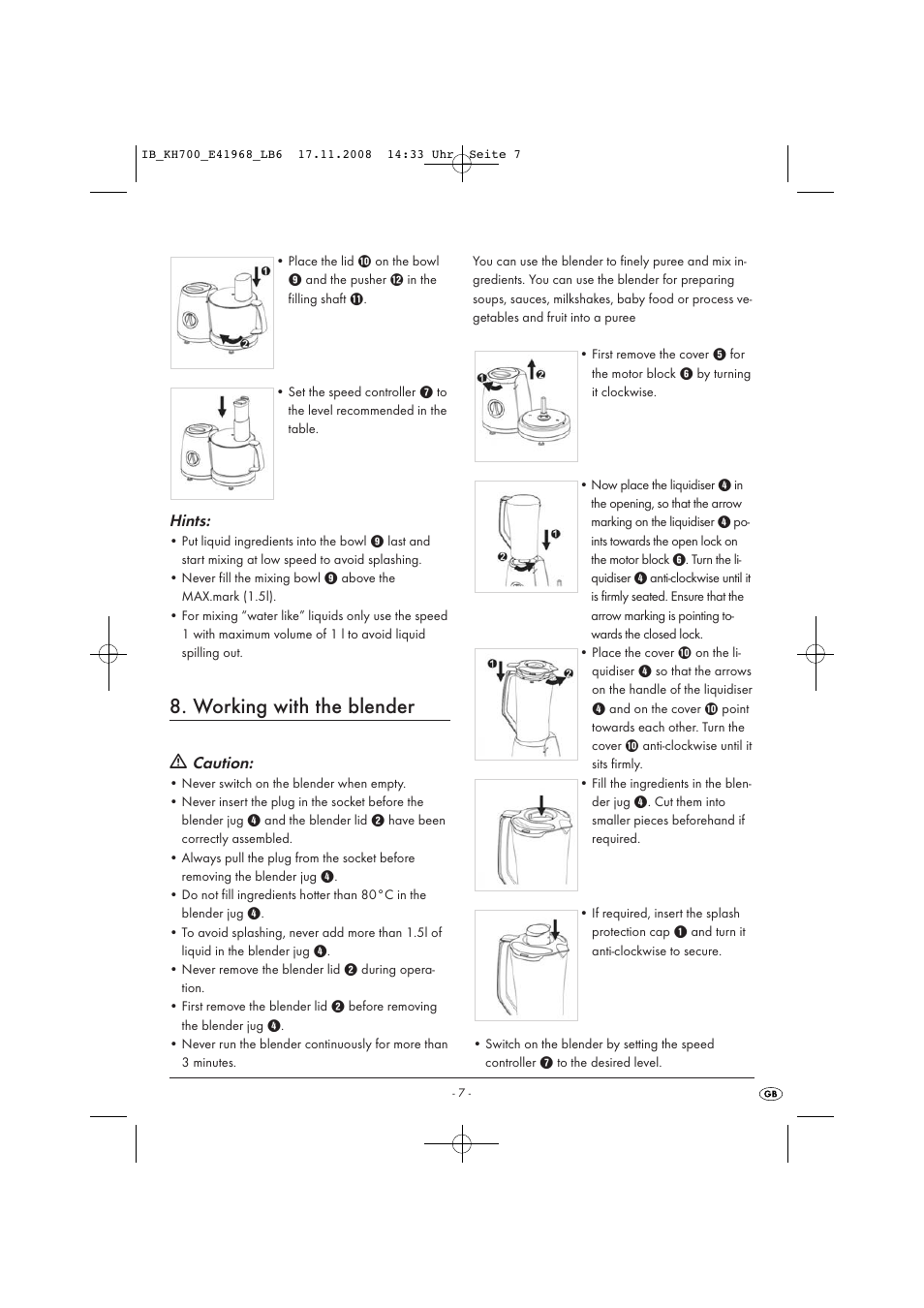 Working with the blender, Hints, Caution | Kompernass KH 700 User Manual | Page 9 / 12