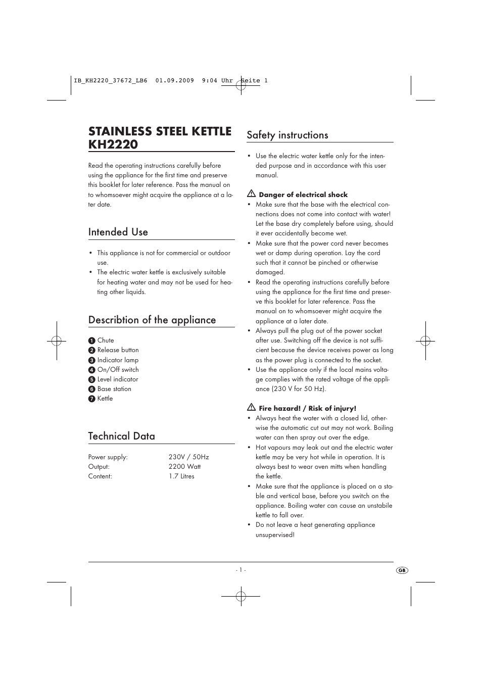 Stainless steel kettle kh2220, Intended use, Describtion of the appliance | Technical data, Safety instructions | Kompernass KH 2220 User Manual | Page 3 / 5