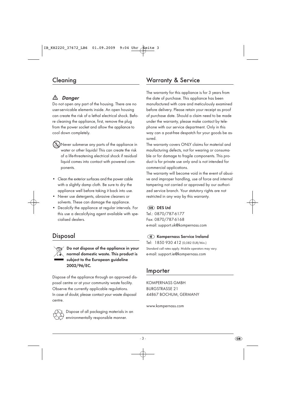 Cleaning, Disposal, Warranty & service | Importer | Kompernass KH 2220 User Manual | Page 5 / 5