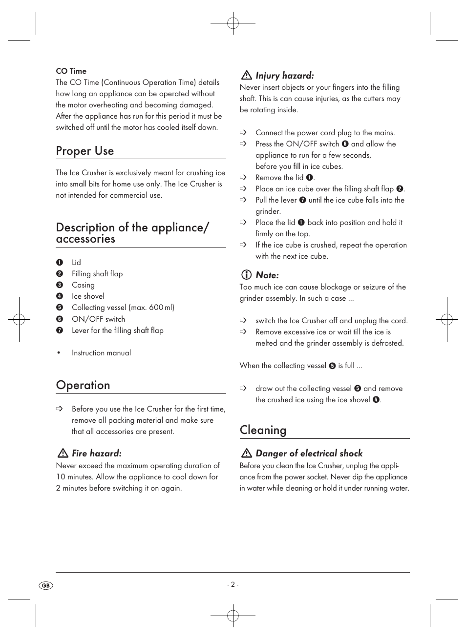 Proper use, Description of the appliance/ accessories, Operation | Cleaning, Fire hazard, Injury hazard, Danger of electrical shock | Kompernass KH 660 User Manual | Page 4 / 6