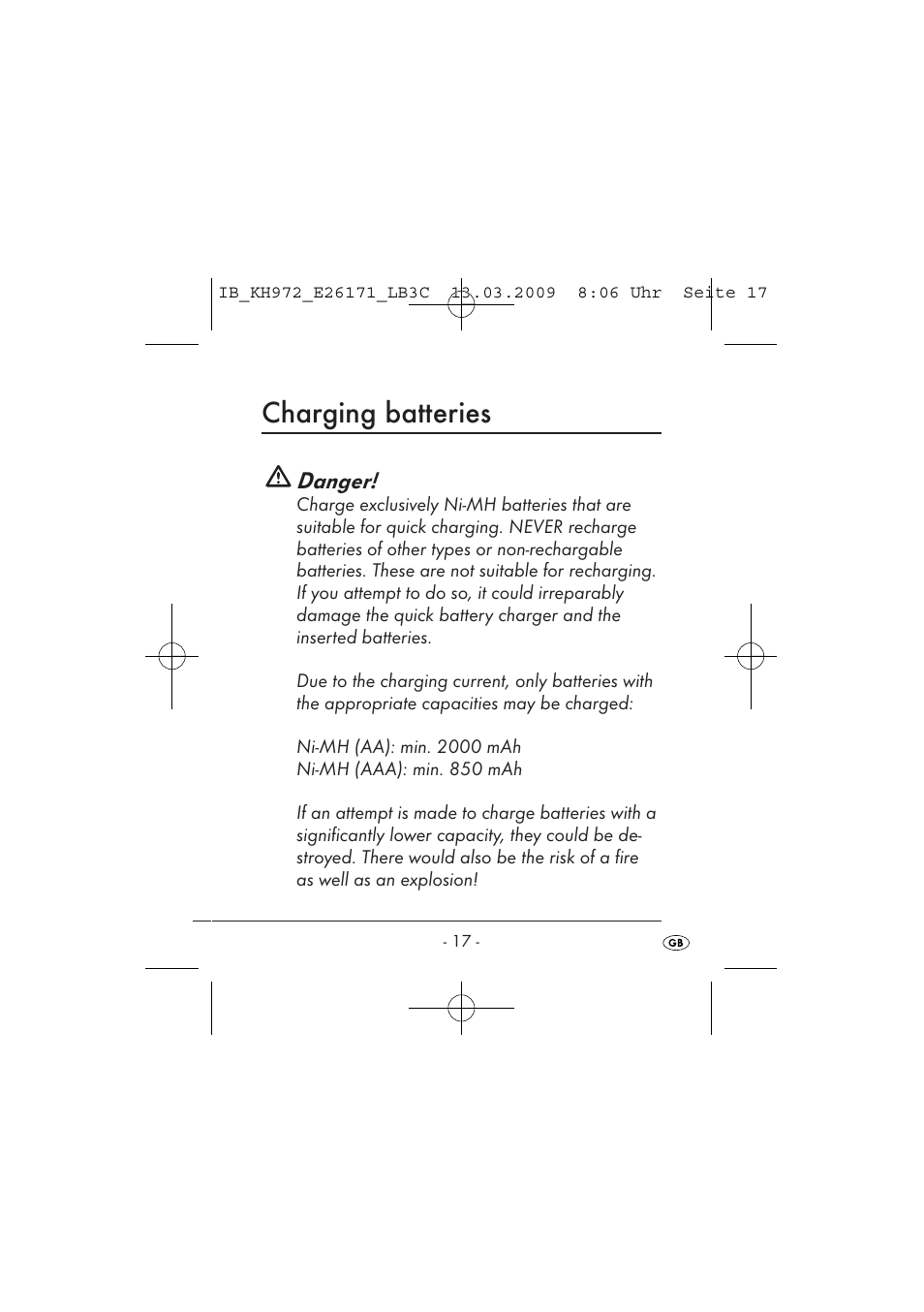 Charging batteries, Danger | Kompernass KH 972 User Manual | Page 19 / 58
