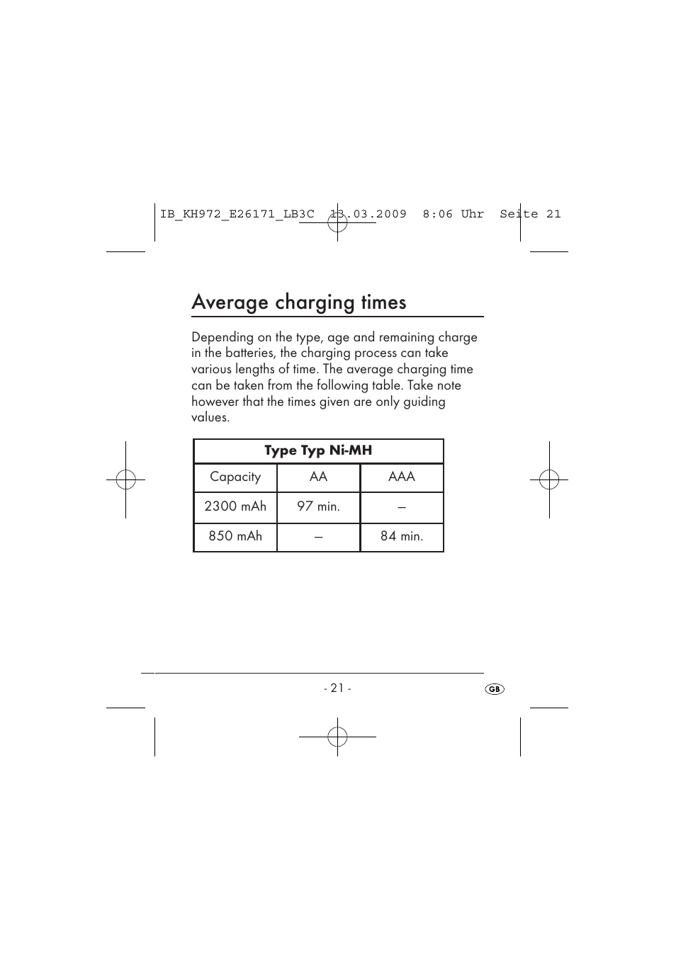 Average charging times | Kompernass KH 972 User Manual | Page 23 / 58