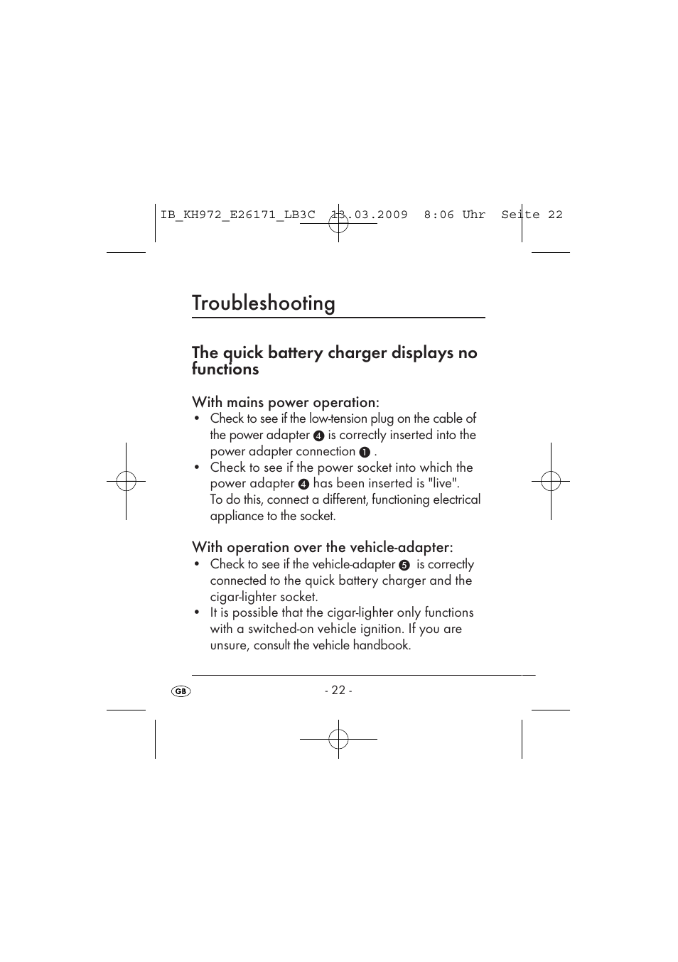 Troubleshooting, The quick battery charger displays no functions | Kompernass KH 972 User Manual | Page 24 / 58