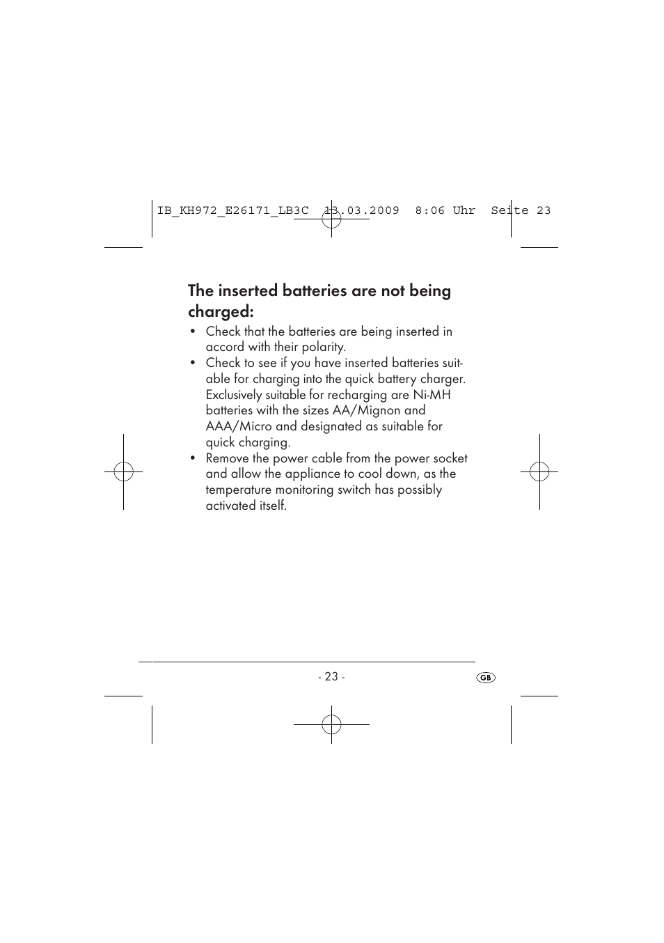 The inserted batteries are not being charged | Kompernass KH 972 User Manual | Page 25 / 58