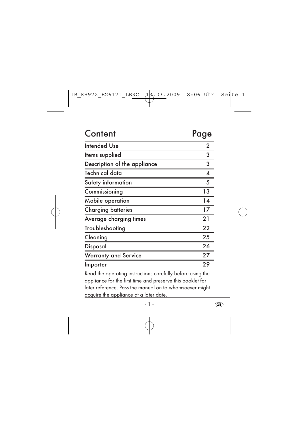 Content page | Kompernass KH 972 User Manual | Page 3 / 58